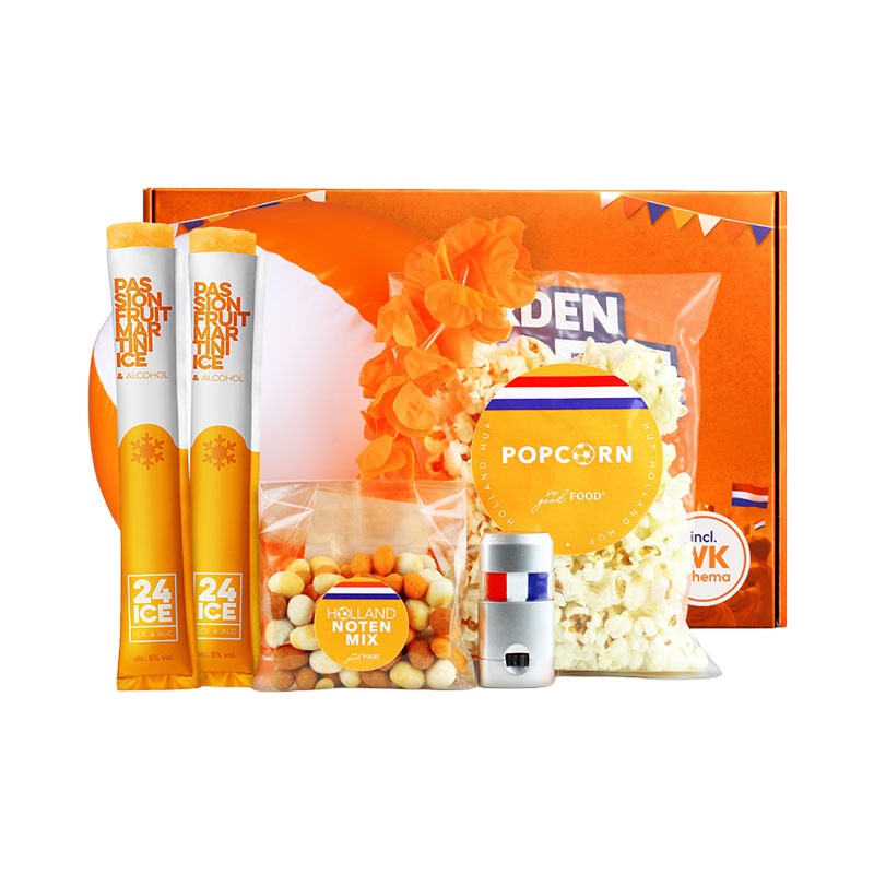 borrelpakket oranje met alcohol 5 procent popcorn notenmix fruit ice