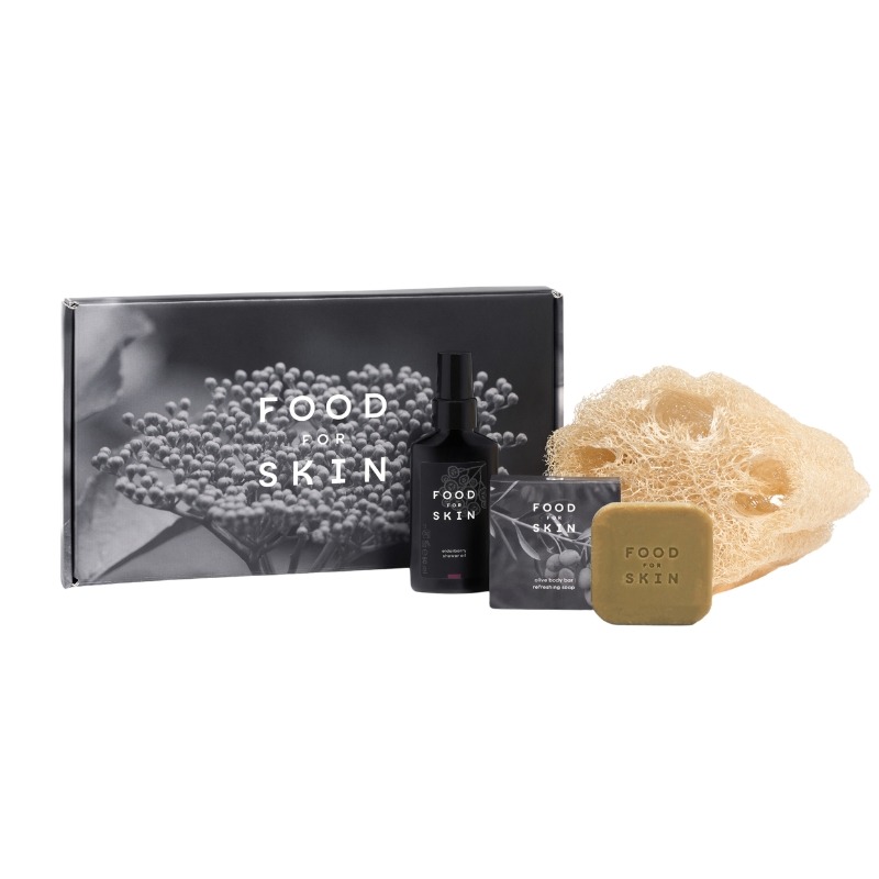 Shower pakket klein met Elderberry Shower Oil, Olive Body Bar en natuurlijke loofah