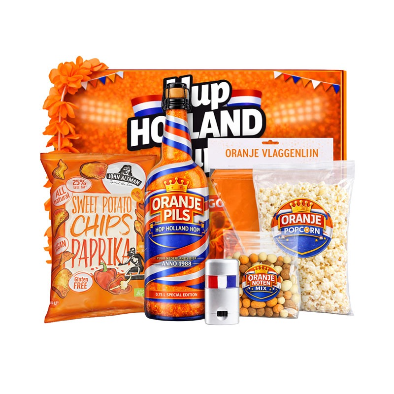 oranje pils pakket met fles bier en snacks