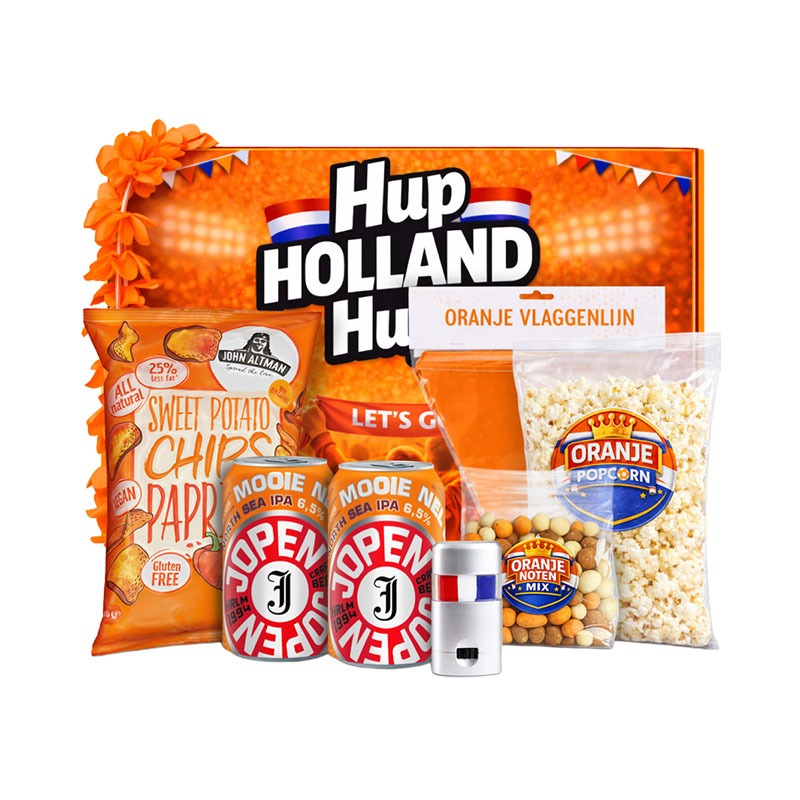 oranje borrelpakket met bier en snacks