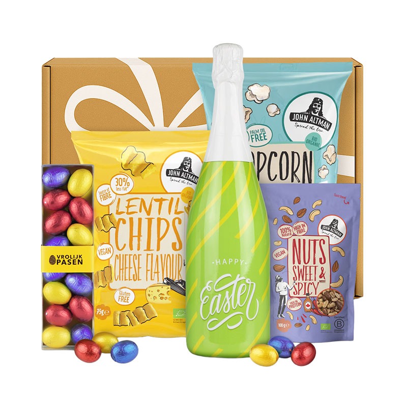 paaspakket met cava paaseitjes popcorn noten chips