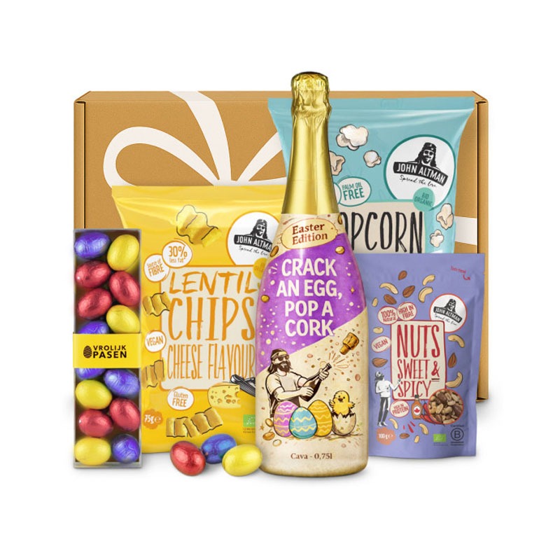 borrelpakket met cava paaseitjes en hartige snacks