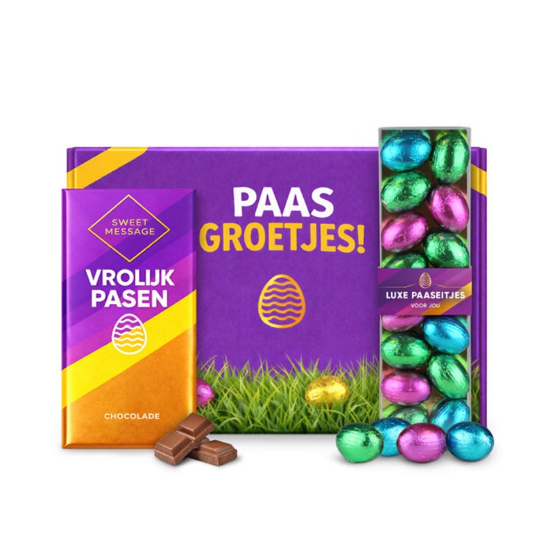 Chocolade paasbundel met paasreep en luxe paaseitjes in geschenkverpakking